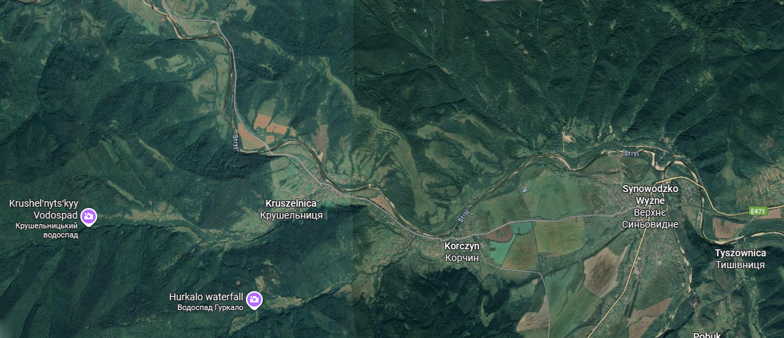 Obraz terenu Korczyna (Ukraina) obecnie za Google Maps